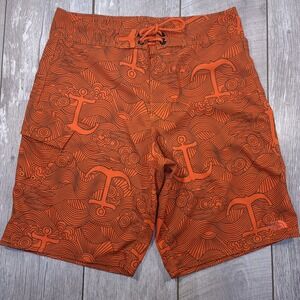 The North Face Board Shorts Mens 34 Orange Anchor Wave Print Swim Trunks
